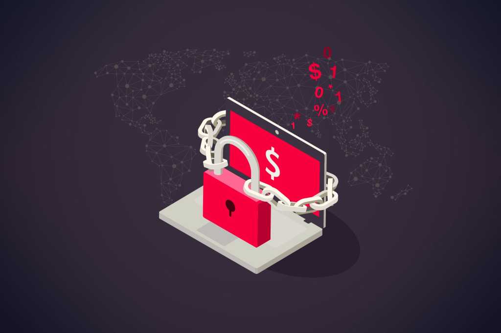 Ransomware  >  An encrypted system, held ransom with lock + chain, displays a dollar sign.