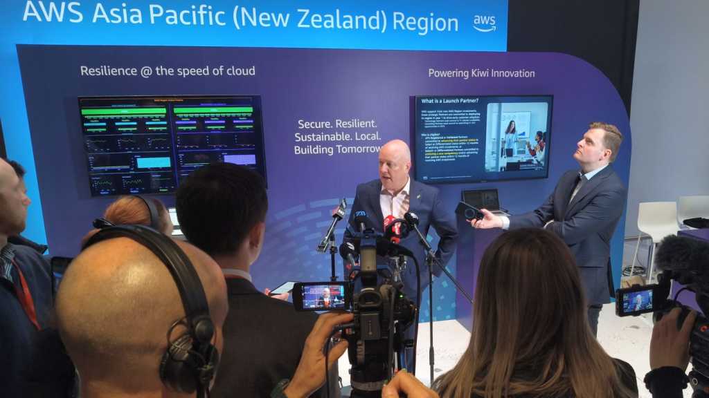 Prime Minister Christopher Luxon fronts media at AWS Cloud Day in Auckland
